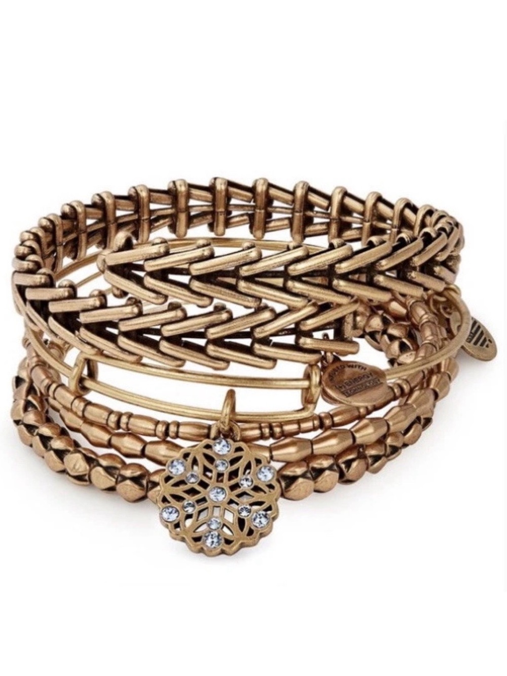 NWT! Alex and Ani 5 Piece Snowflake Bangle Bracelet Set - Gold